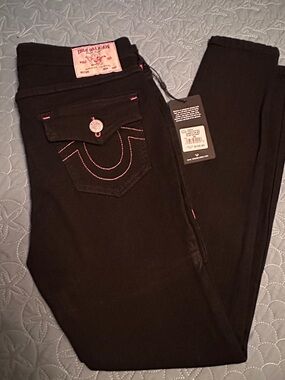 True Religion Women's Black Skinny Jeans with Pink Accent Stitching